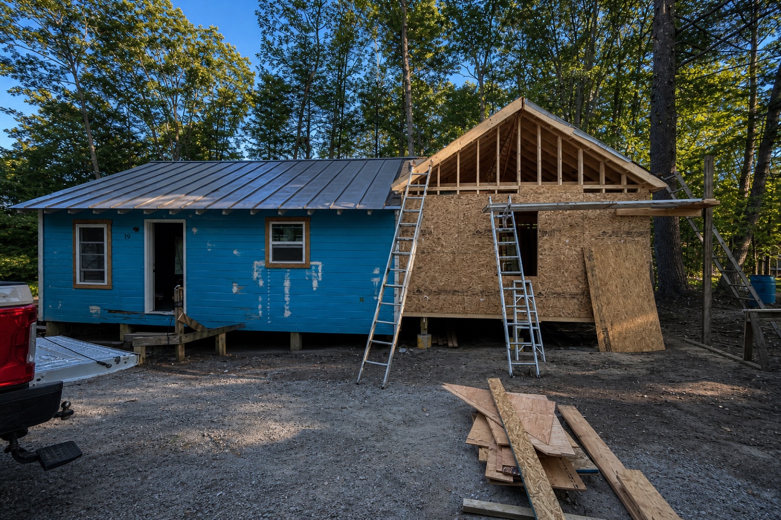 Canterbury cabin with blue siding and framed addition under construction