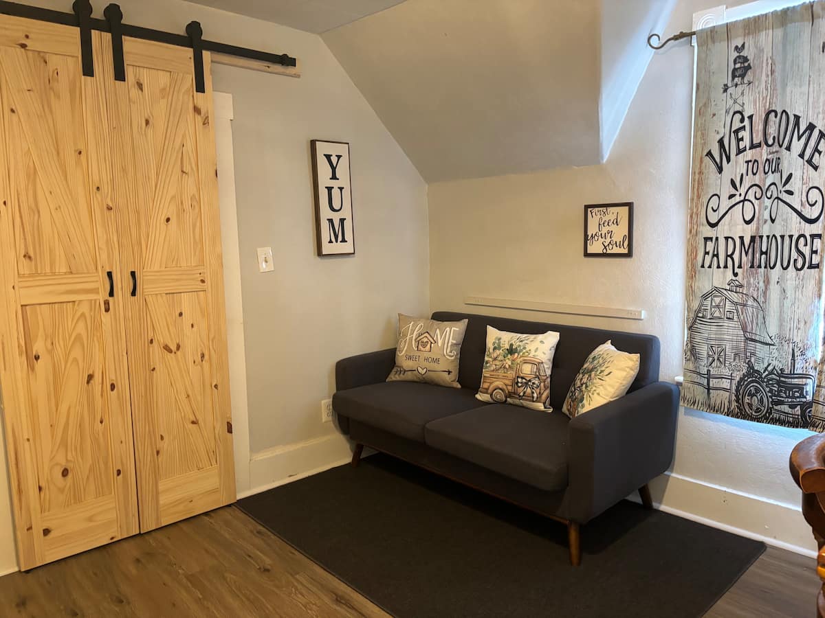 Cozy living sofa and sliding barn doors